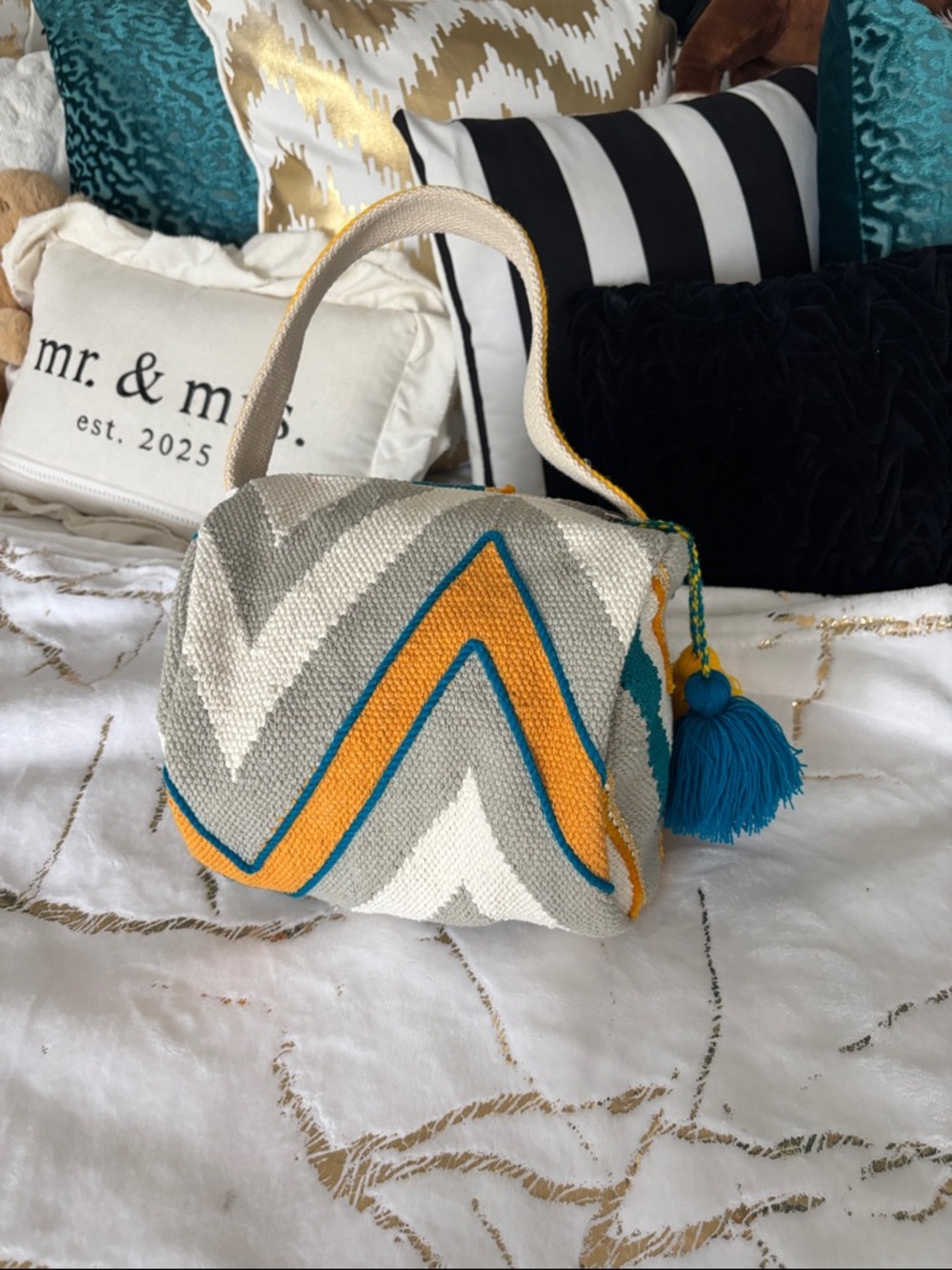 Chevron Tassel Cosmetic Bag in Teal, Yellow & Gray